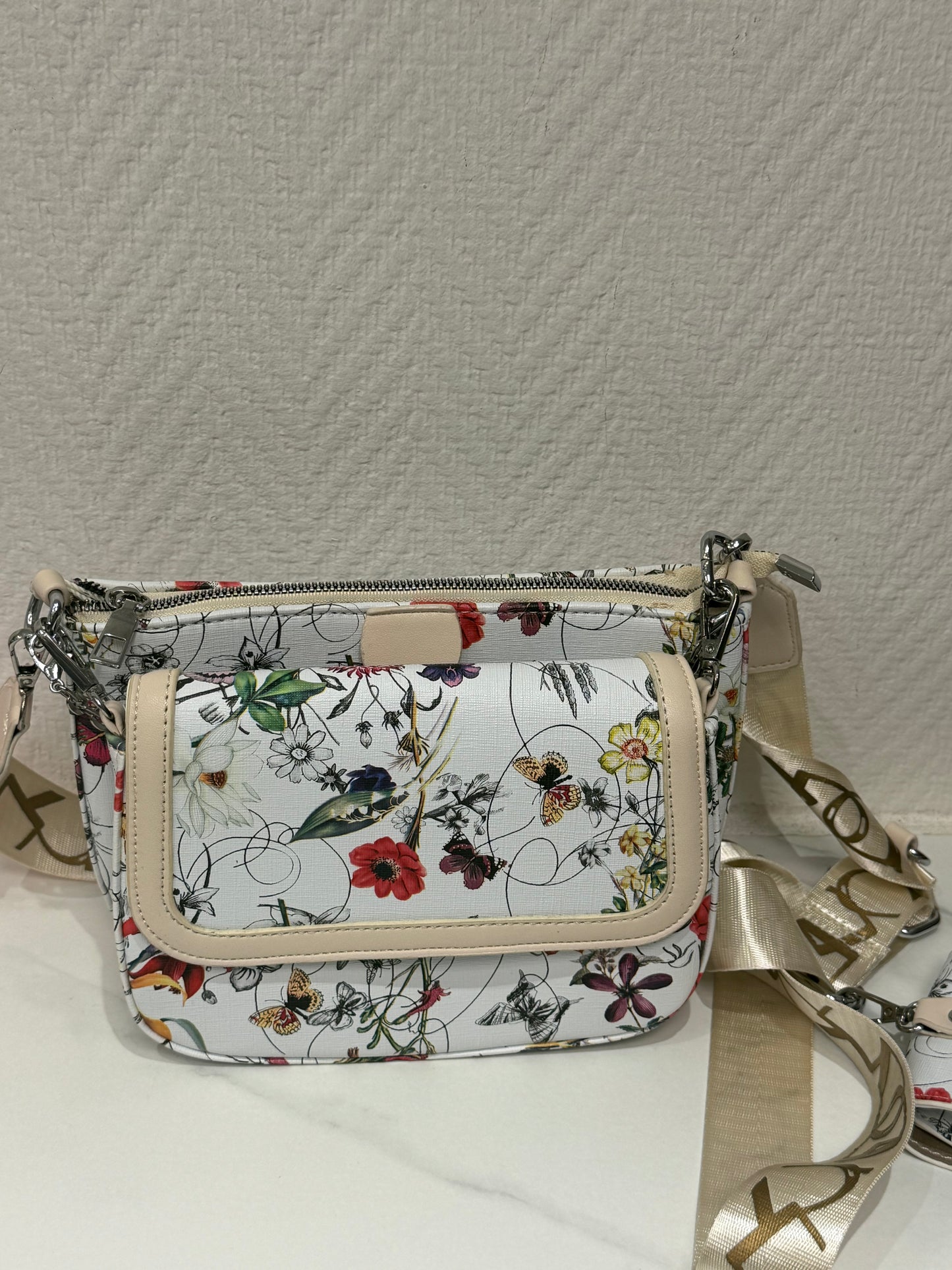 Sac bandoulière imprimé floral et papillons