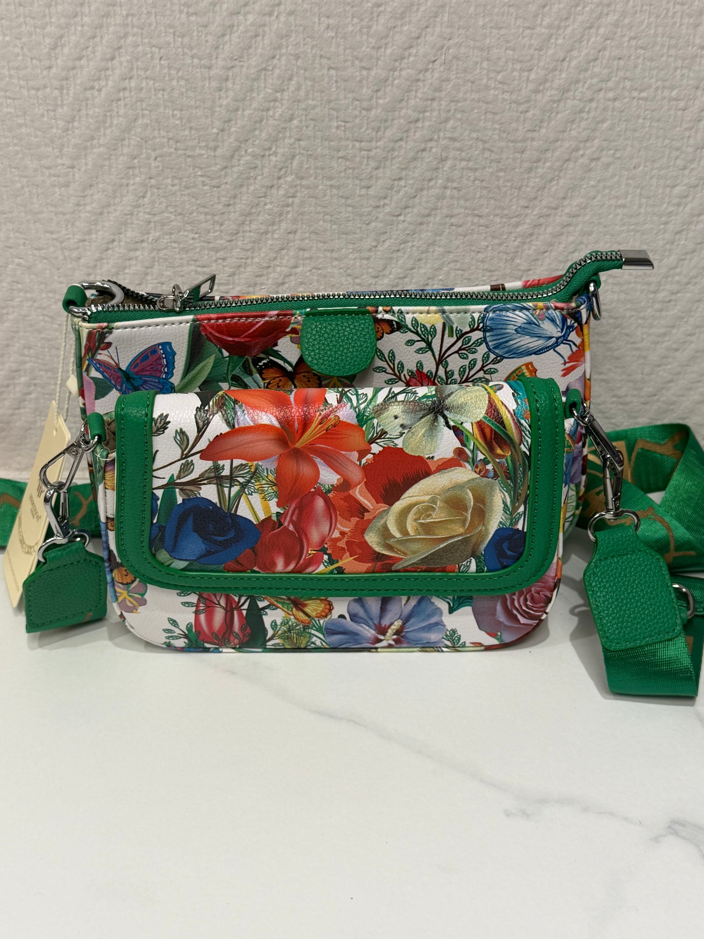 Sac bandoulière imprimé floral et papillons