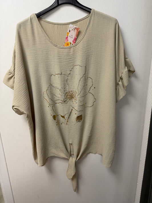 Top manches courtes à nœud et motif floral strass 6156